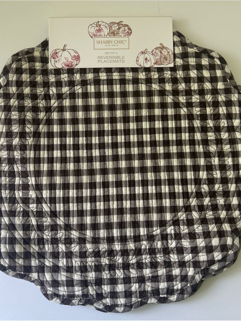 Shabby Chic Brown Gingham Reversible Placemat Set of 4 Scalloped Edges Fall Deco